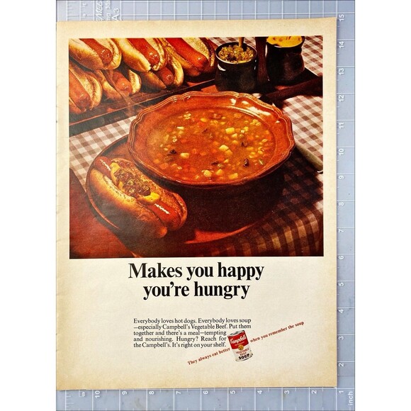 Cambell's Vegetable Beef Soup "Makes you Happy You're Hungry" Vtg Print Ad 1966 - Picture 2 of 3